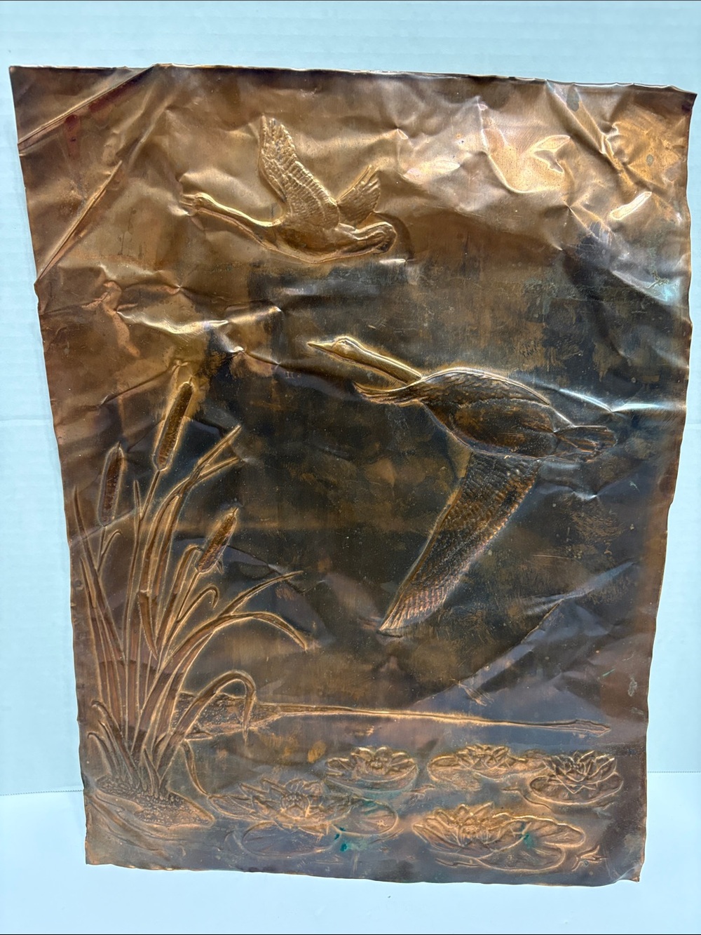 Vintage 1970s Copper Relief Sheet Wall Art - 12x16 Flying Mallard Ducks